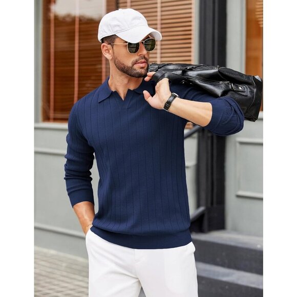 Coofandy Men Navy Blue Polo Long Sleeve V Neck Knit Lightweight Pullover Sweater - Picture 5 of 6